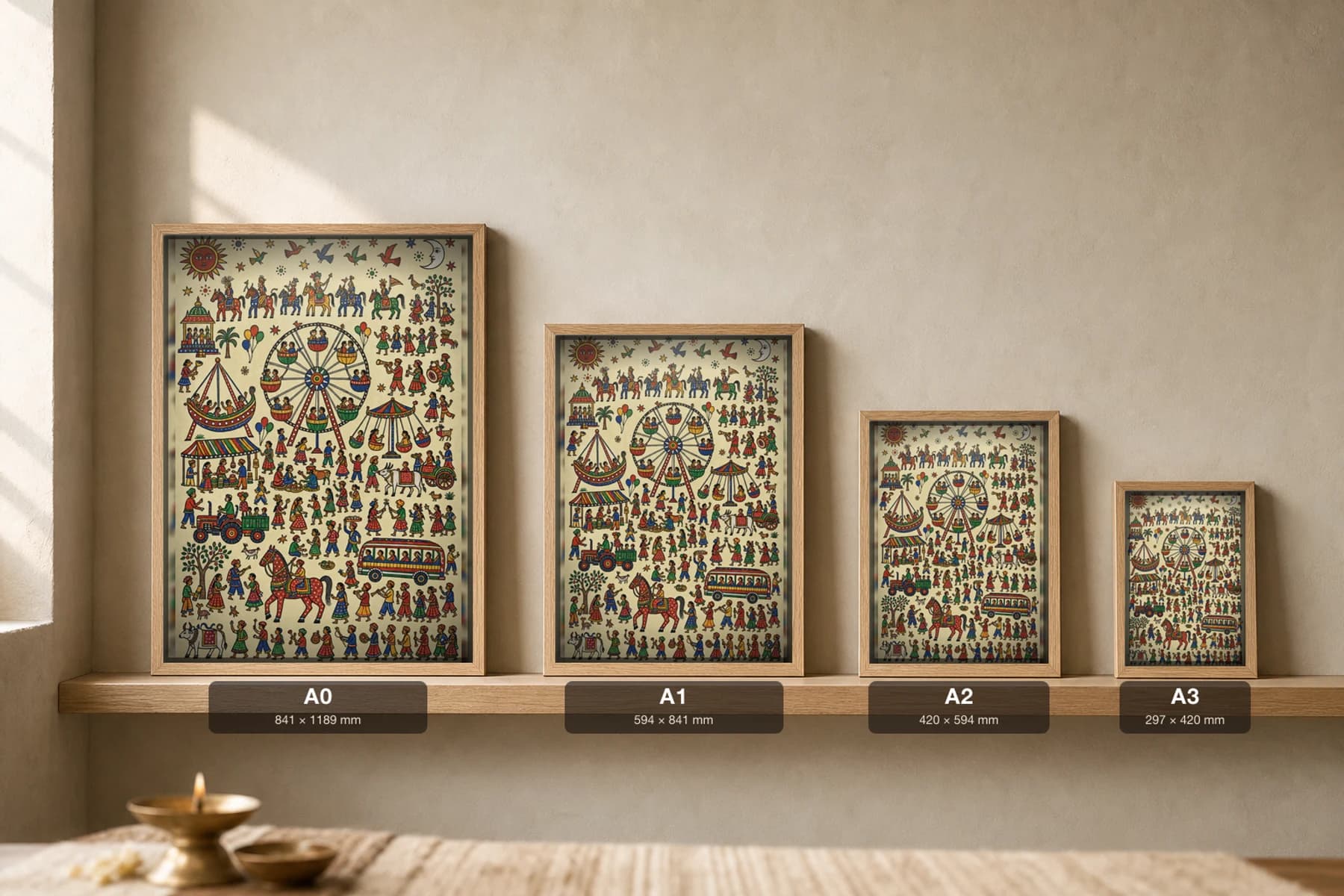The Mela Pithora Print — a village fair with a giant wheel, carousel and stalls, tractor and bus among the crowd · contemporary × Pithora fusion · collector A2 — print size guide showing the artwork at A0, A1, A2 and A3 in natural-oak frames at true relative scale