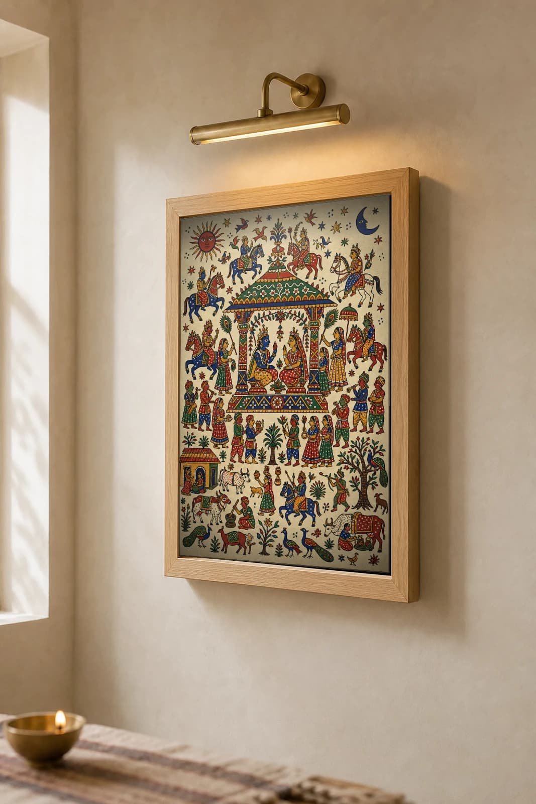The Mandap Pithora Print — a great green-domed wedding pavilion sheltering the seated couple · Rathwa-Bhil mural of Chhota Udepur, Gujarat · collector A2 — the framed print shown at a three-quarter angle on a styled gallery wall in a natural-oak frame