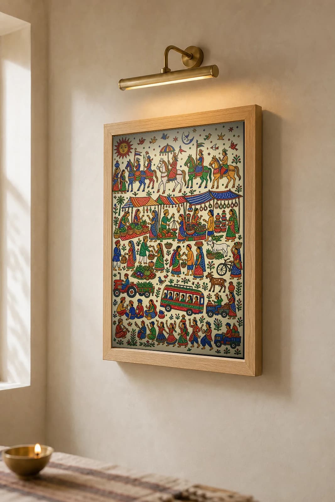 The Haat Pithora Print — a weekly market of canopied stalls, vegetables and weighing-scales with tractor and bus · contemporary × Pithora fusion · collector A2 — the framed print shown at a three-quarter angle on a styled gallery wall in a natural-oak frame