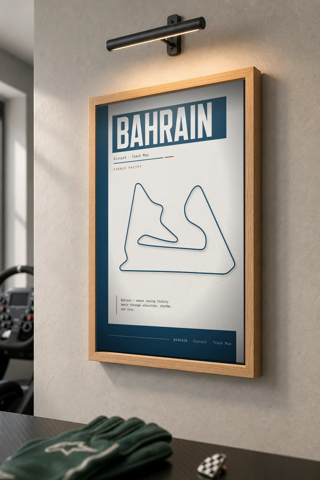 Bahrain International Circuit Poster — Bahrain circuit map wall art · Formula 1 World Championship track layout · framed A2 — the framed print shown at a three-quarter angle on a styled gallery wall in a natural-oak frame