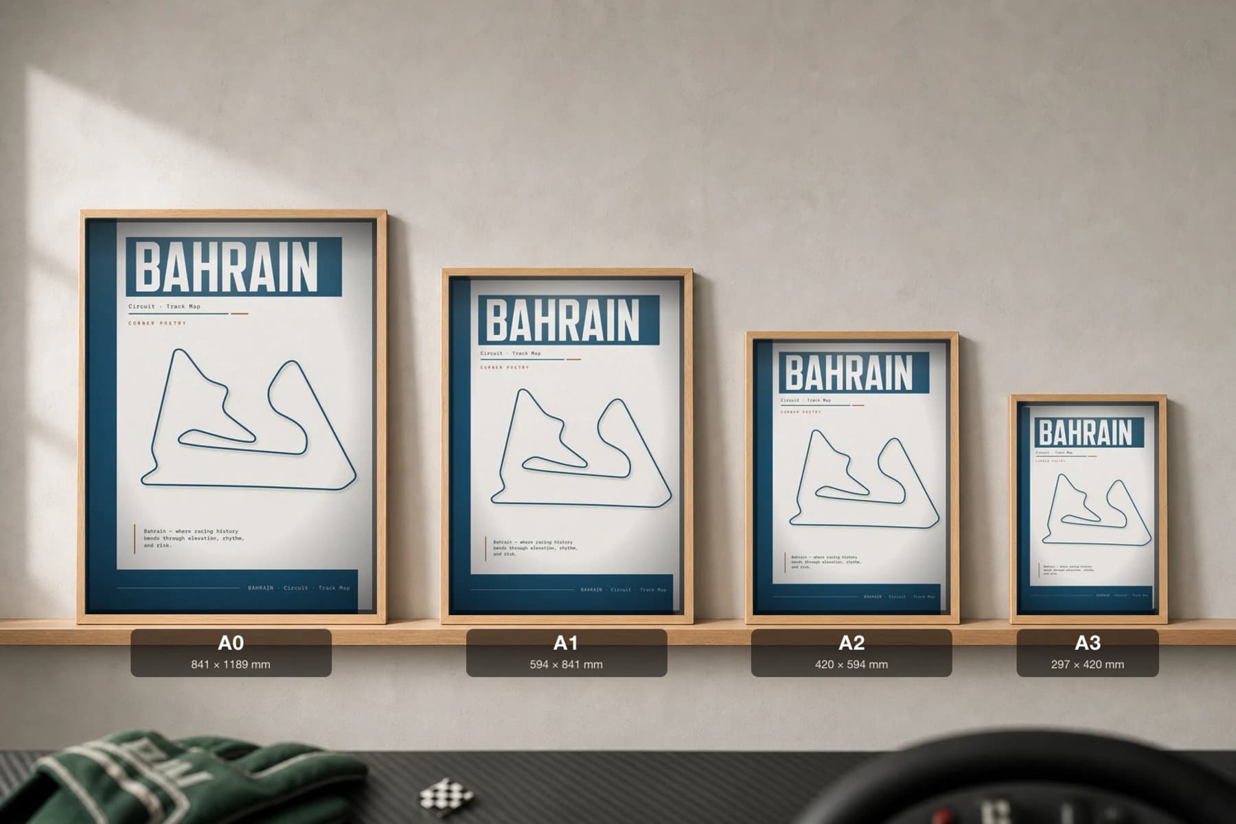 Bahrain International Circuit Poster — Bahrain circuit map wall art · Formula 1 World Championship track layout · framed A2 — print size guide showing the artwork at A0, A1, A2 and A3 in natural-oak frames at true relative scale