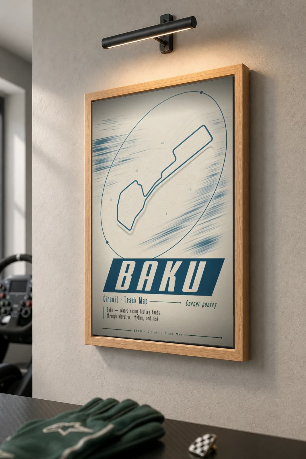 Baku City Circuit Poster — Azerbaijan circuit map wall art · FIA Formula One World Championship track layout · framed A2 — the framed print shown at a three-quarter angle on a styled gallery wall in a natural-oak frame