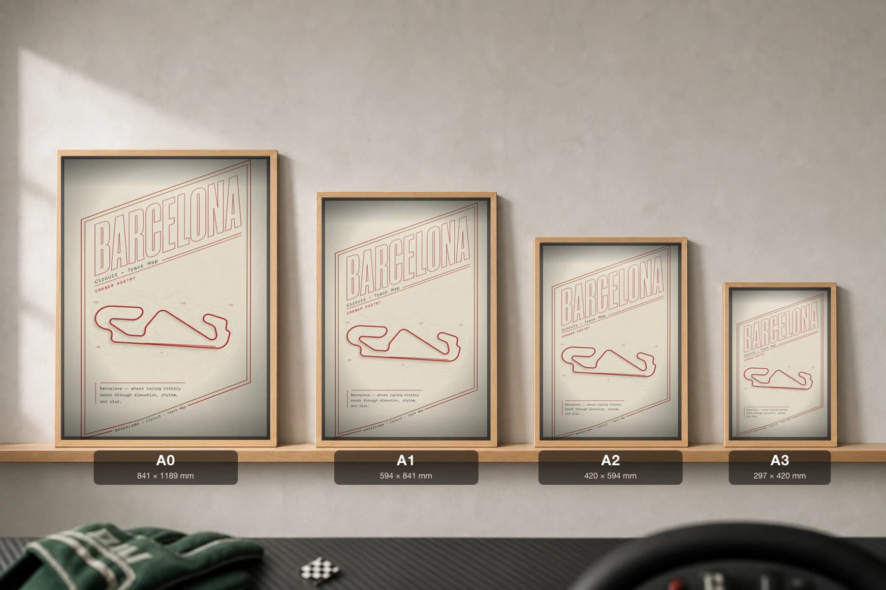 Circuit de Barcelona-Catalunya Poster — Spain circuit map wall art · FIA Formula One World Championship track layout · framed A2 — print size guide showing the artwork at A0, A1, A2 and A3 in natural-oak frames at true relative scale