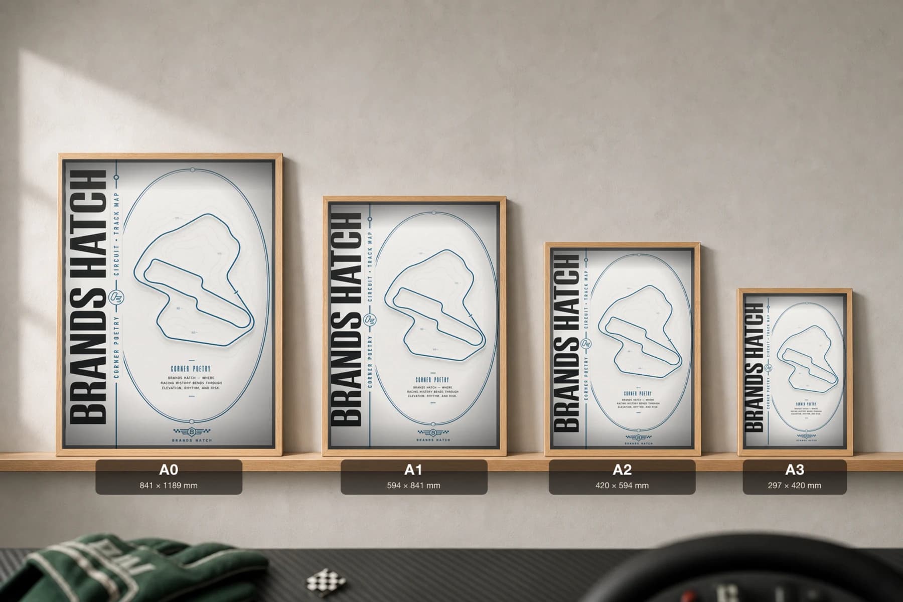 Brands Hatch Circuit Poster — United Kingdom circuit map wall art · FIA Formula 1 World Championship track layout · framed A2 — print size guide showing the artwork at A0, A1, A2 and A3 in natural-oak frames at true relative scale