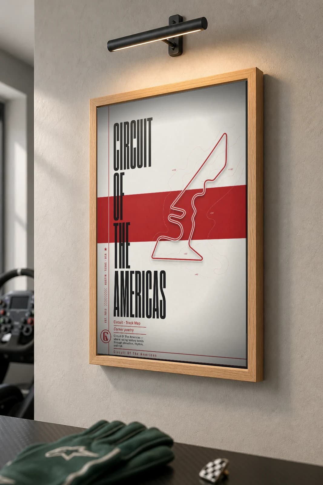 Circuit of the Americas Poster — United States circuit map wall art · Formula 1 United States Grand Prix track layout · framed A2 — the framed print shown at a three-quarter angle on a styled gallery wall in a natural-oak frame