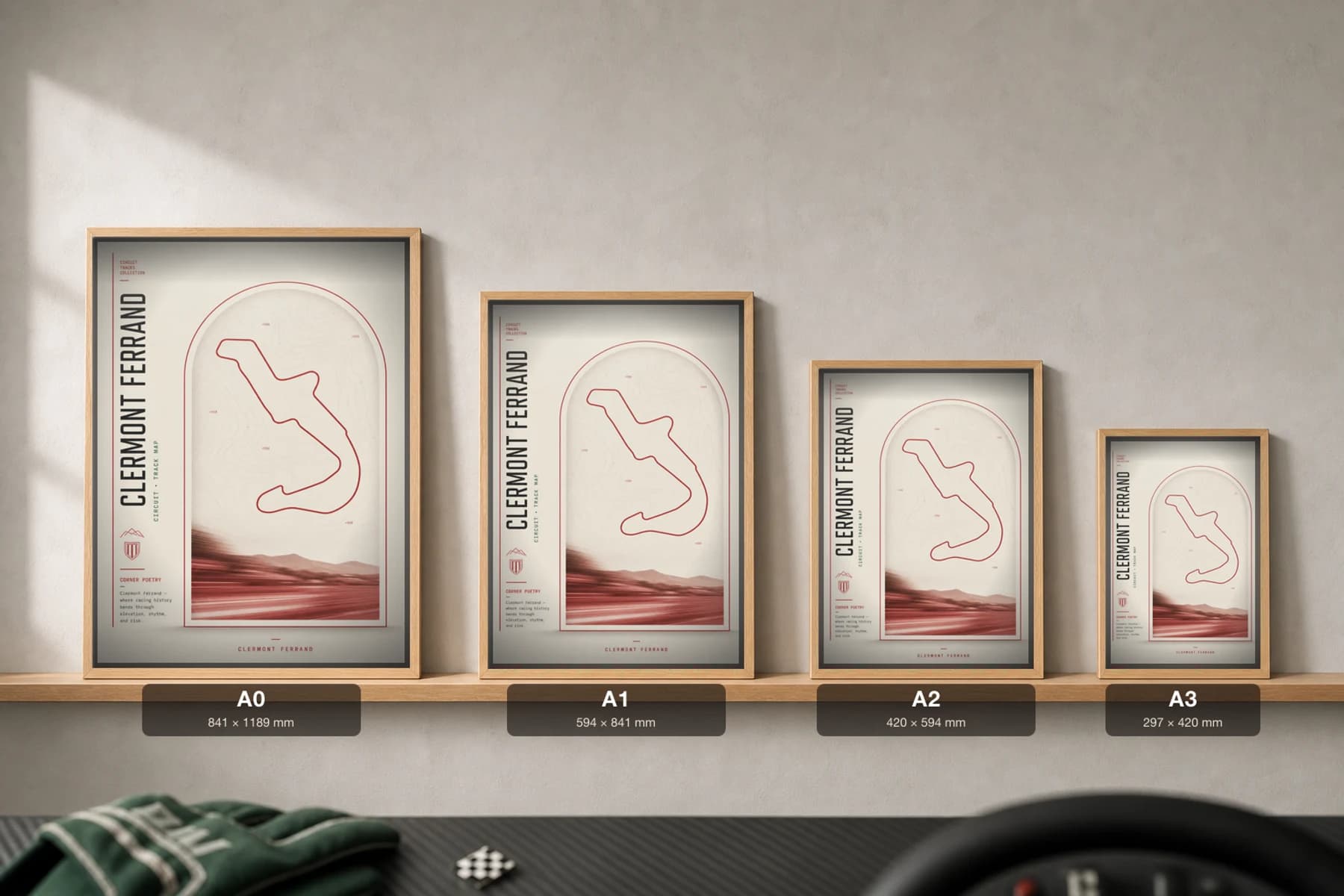 Circuit de Charade (Clermont-Ferrand) Poster — France circuit map wall art · Formula 1 track layout · framed A2 — print size guide showing the artwork at A0, A1, A2 and A3 in natural-oak frames at true relative scale