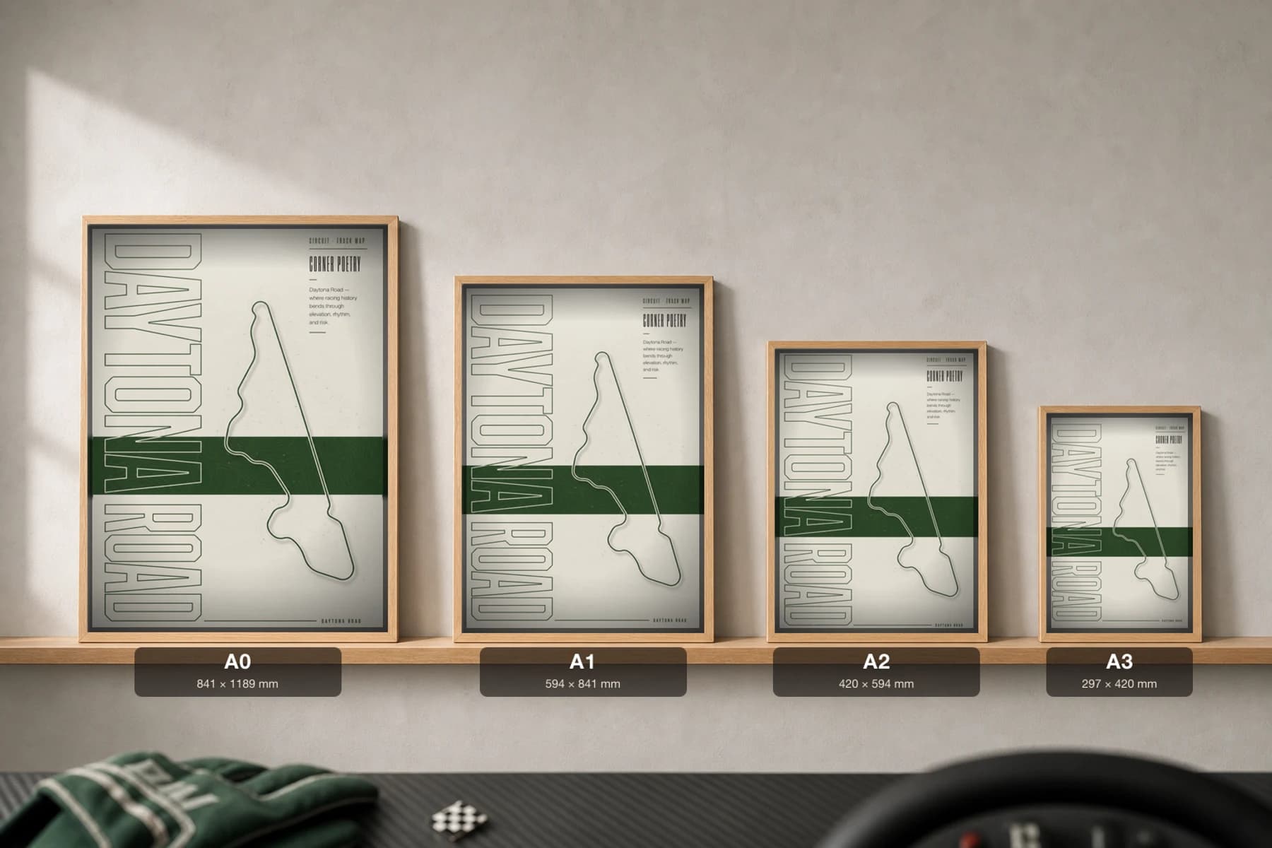 Daytona International Speedway Road Course Poster — United States circuit map wall art · IMSA WeatherTech SportsCar Championship track layout · framed A2 — print size guide showing the artwork at A0, A1, A2 and A3 in natural-oak frames at true relative scale