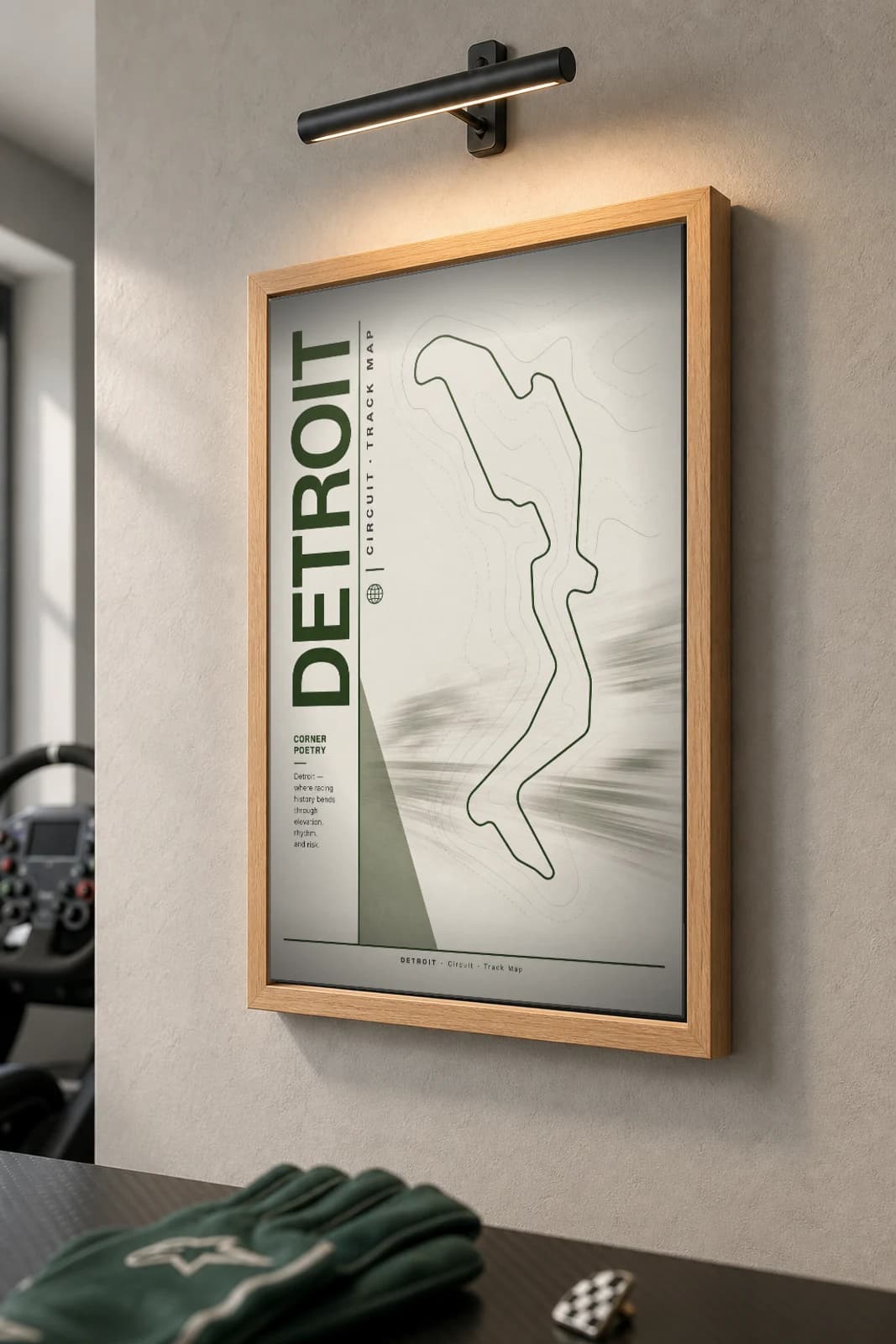 Detroit Belle Isle Circuit Poster — United States circuit map wall art · IndyCar Detroit Grand Prix track layout · framed A2 — the framed print shown at a three-quarter angle on a styled gallery wall in a natural-oak frame