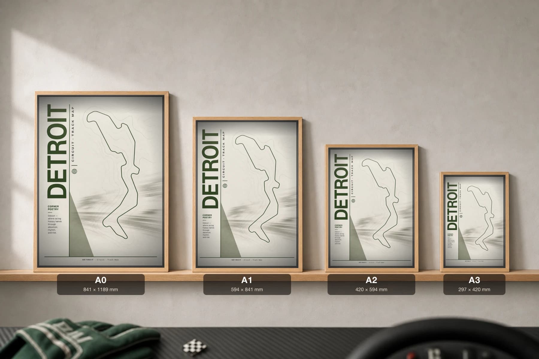 Detroit Belle Isle Circuit Poster — United States circuit map wall art · IndyCar Detroit Grand Prix track layout · framed A2 — print size guide showing the artwork at A0, A1, A2 and A3 in natural-oak frames at true relative scale