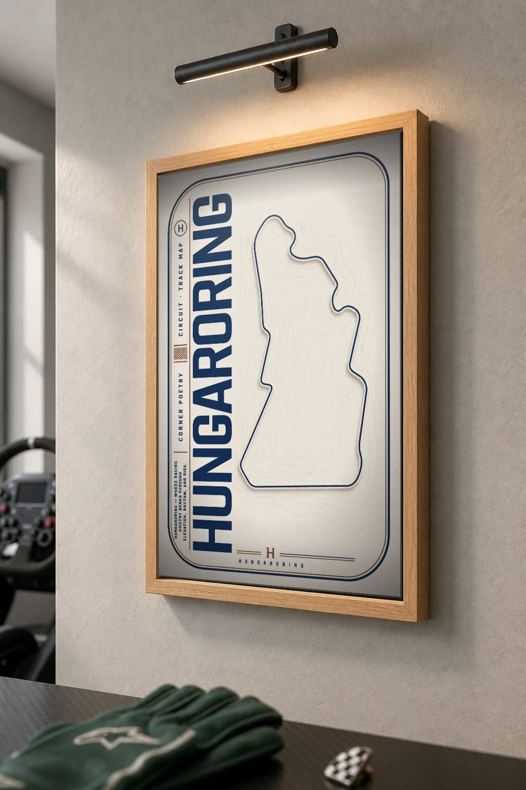 Hungaroring Poster — Hungary circuit map wall art · Formula 1 track layout · framed A2 — the framed print shown at a three-quarter angle on a styled gallery wall in a natural-oak frame