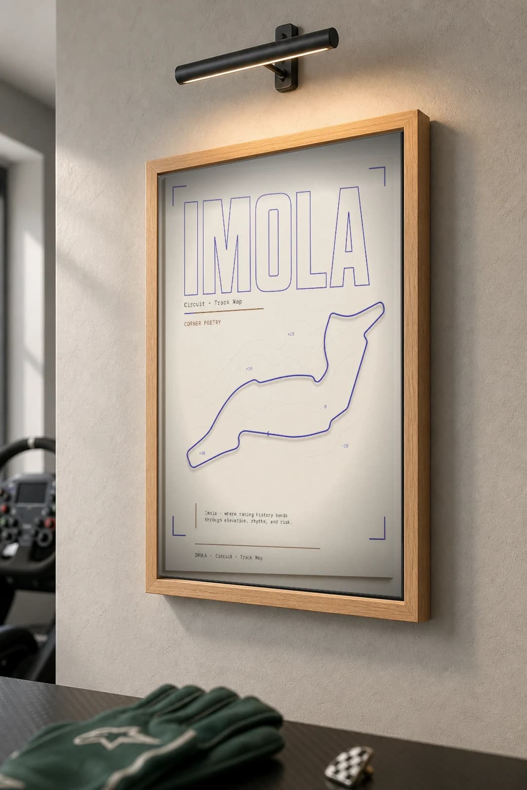 Autodromo Internazionale Enzo e Dino Ferrari Poster — Italy circuit map wall art · Formula 1 World Championship track layout · framed A2 — the framed print shown at a three-quarter angle on a styled gallery wall in a natural-oak frame