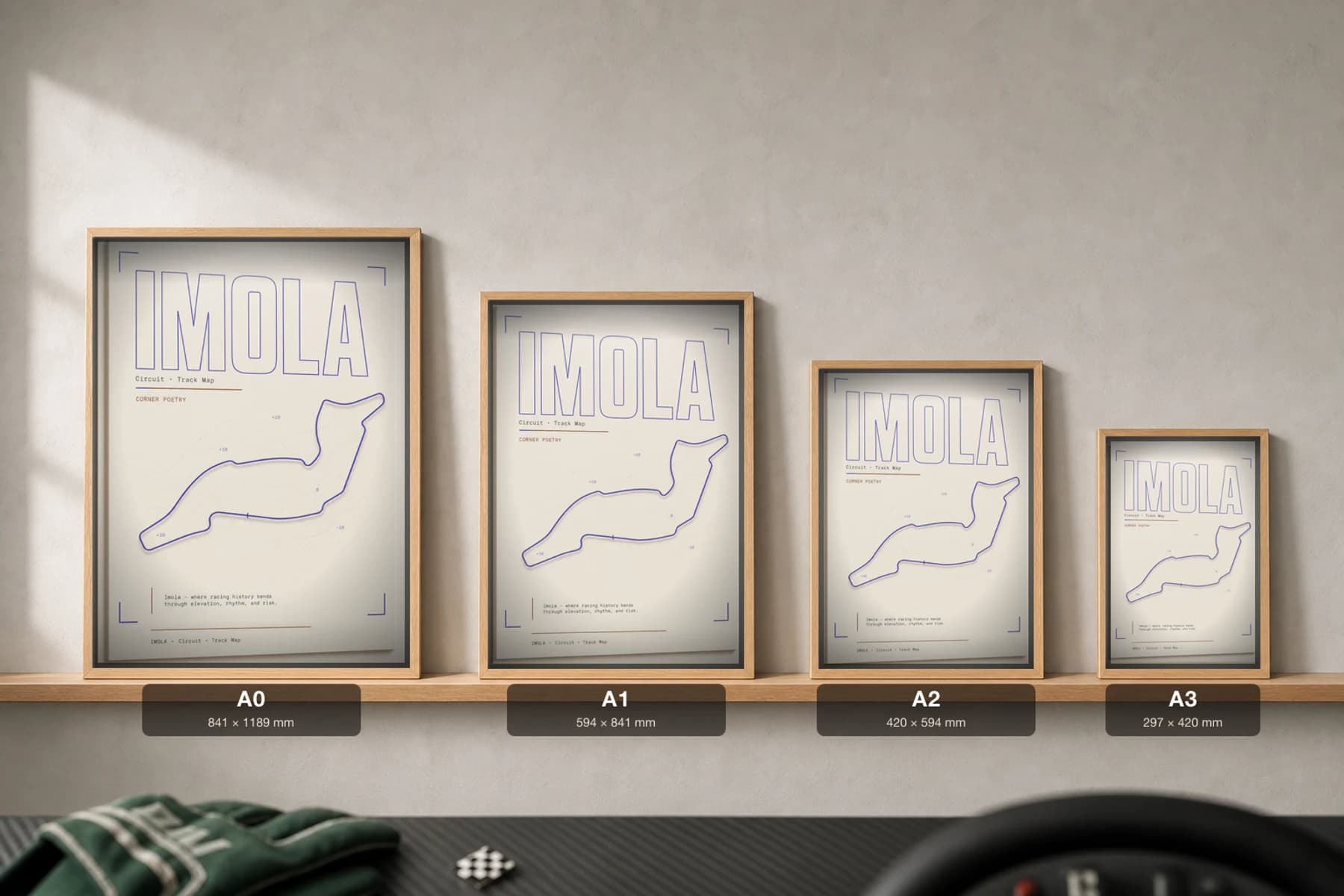Autodromo Internazionale Enzo e Dino Ferrari Poster — Italy circuit map wall art · Formula 1 World Championship track layout · framed A2 — print size guide showing the artwork at A0, A1, A2 and A3 in natural-oak frames at true relative scale