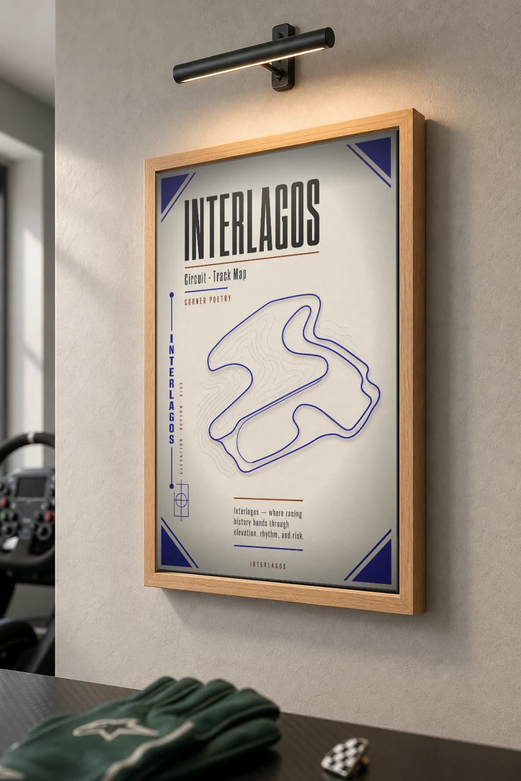 Autódromo José Carlos Pace Poster — Brazil circuit map wall art · Formula 1 World Championship track layout · framed A2 — the framed print shown at a three-quarter angle on a styled gallery wall in a natural-oak frame