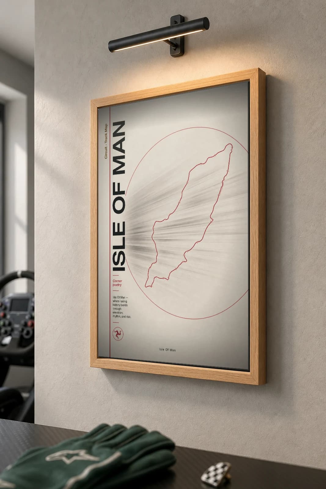 Snaefell Mountain Course Poster — United Kingdom circuit map wall art · Isle of Man TT / Manx Grand Prix track layout · framed A2 — the framed print shown at a three-quarter angle on a styled gallery wall in a natural-oak frame