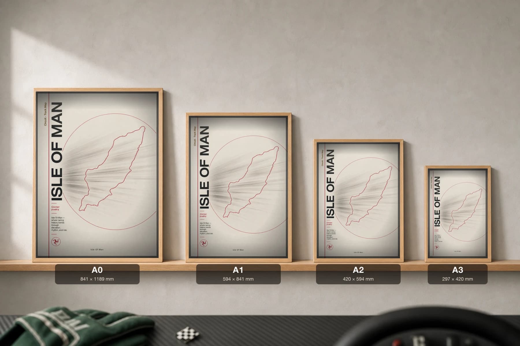 Snaefell Mountain Course Poster — United Kingdom circuit map wall art · Isle of Man TT / Manx Grand Prix track layout · framed A2 — print size guide showing the artwork at A0, A1, A2 and A3 in natural-oak frames at true relative scale