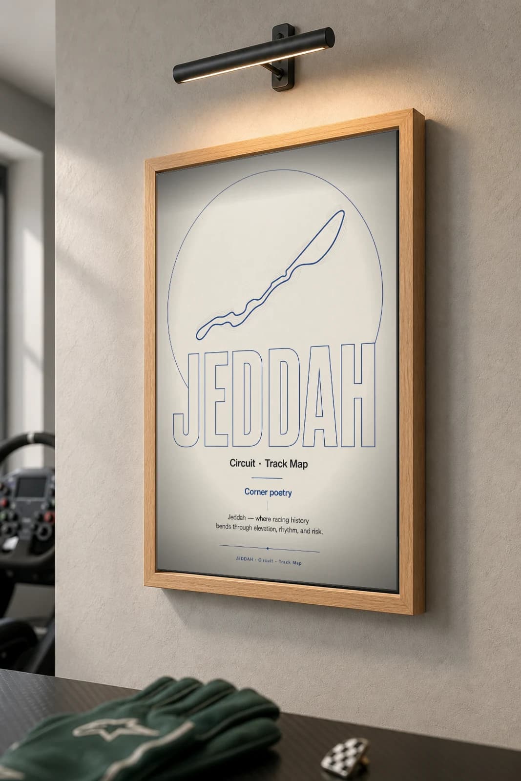 Jeddah Corniche Circuit Poster — Saudi Arabia circuit map wall art · Formula One World Championship track layout · framed A2 — the framed print shown at a three-quarter angle on a styled gallery wall in a natural-oak frame