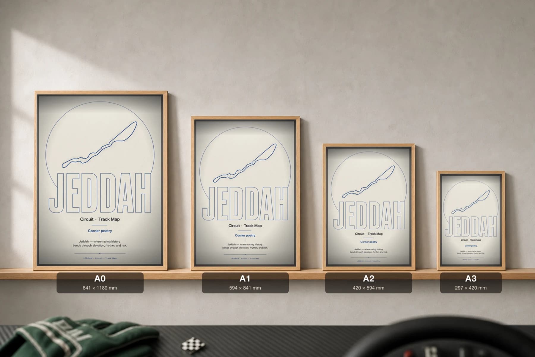 Jeddah Corniche Circuit Poster — Saudi Arabia circuit map wall art · Formula One World Championship track layout · framed A2 — print size guide showing the artwork at A0, A1, A2 and A3 in natural-oak frames at true relative scale
