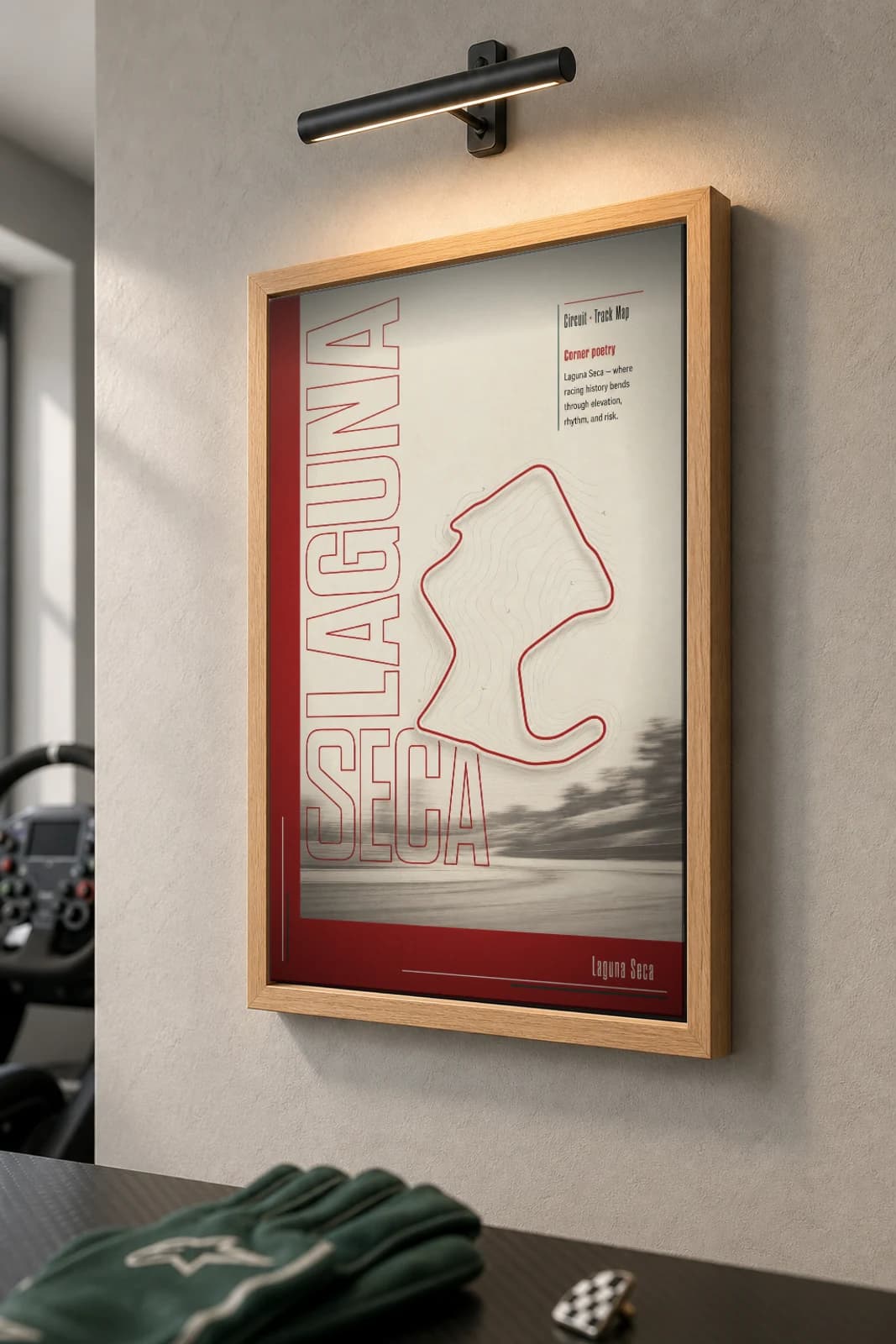 WeatherTech Raceway Laguna Seca Poster — United States circuit map wall art · IMSA WeatherTech SportsCar Championship track layout · framed A2 — the framed print shown at a three-quarter angle on a styled gallery wall in a natural-oak frame