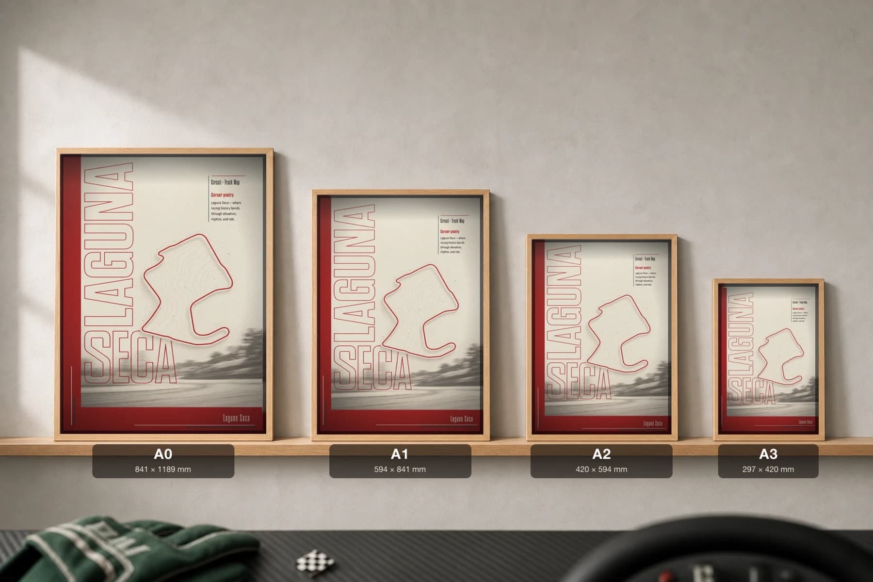 WeatherTech Raceway Laguna Seca Poster — United States circuit map wall art · IMSA WeatherTech SportsCar Championship track layout · framed A2 — print size guide showing the artwork at A0, A1, A2 and A3 in natural-oak frames at true relative scale