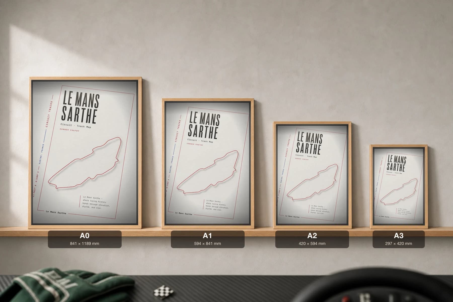 Circuit de la Sarthe Poster — France circuit map wall art · 24 Hours of Le Mans track layout · framed A2 — print size guide showing the artwork at A0, A1, A2 and A3 in natural-oak frames at true relative scale
