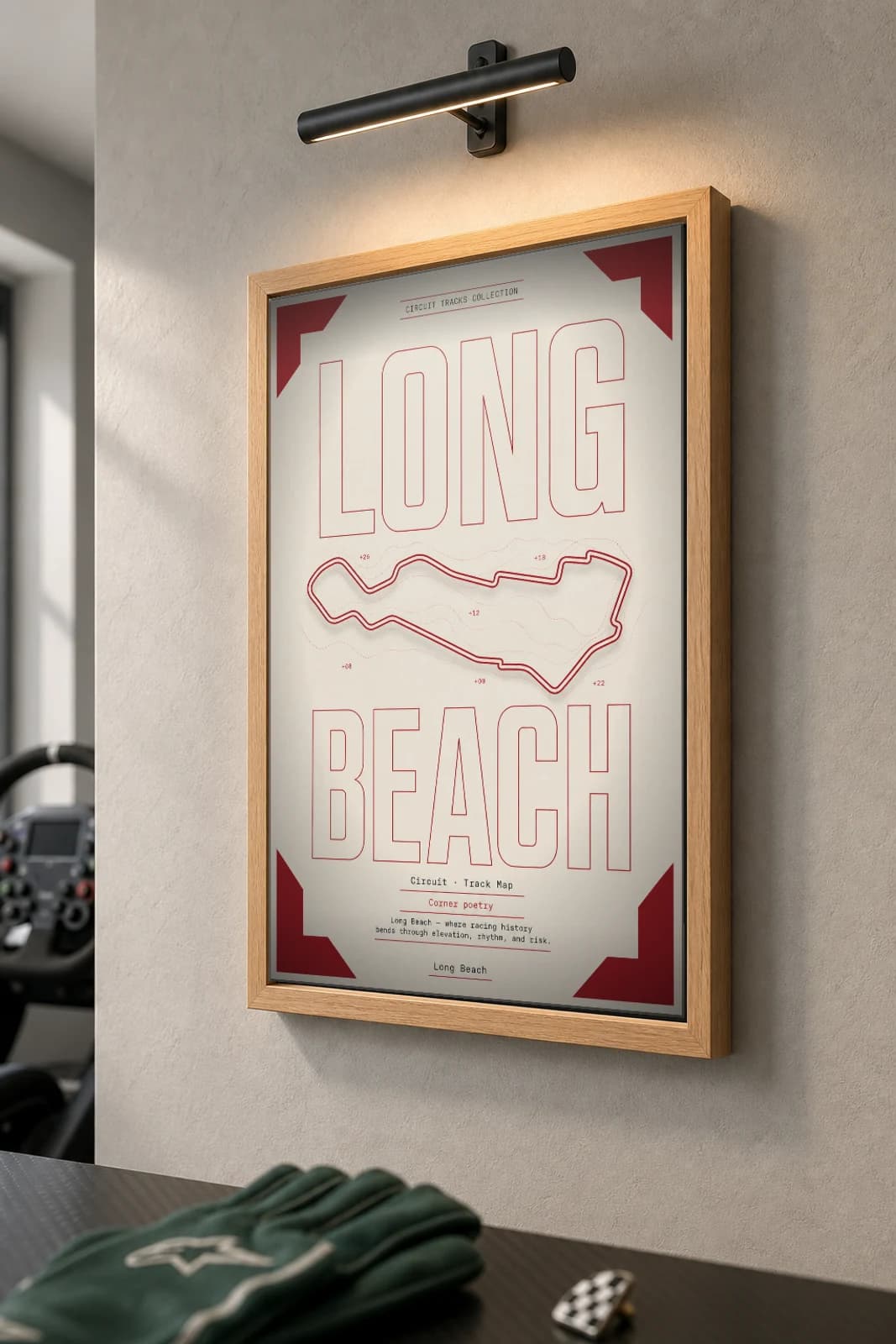 Grand Prix of Long Beach Poster — United States circuit map wall art · IndyCar Series track layout · framed A2 — the framed print shown at a three-quarter angle on a styled gallery wall in a natural-oak frame