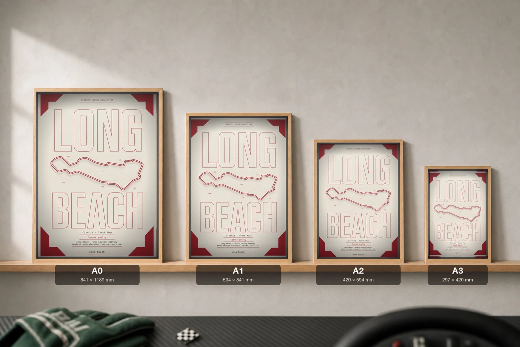 Grand Prix of Long Beach Poster — United States circuit map wall art · IndyCar Series track layout · framed A2 — print size guide showing the artwork at A0, A1, A2 and A3 in natural-oak frames at true relative scale