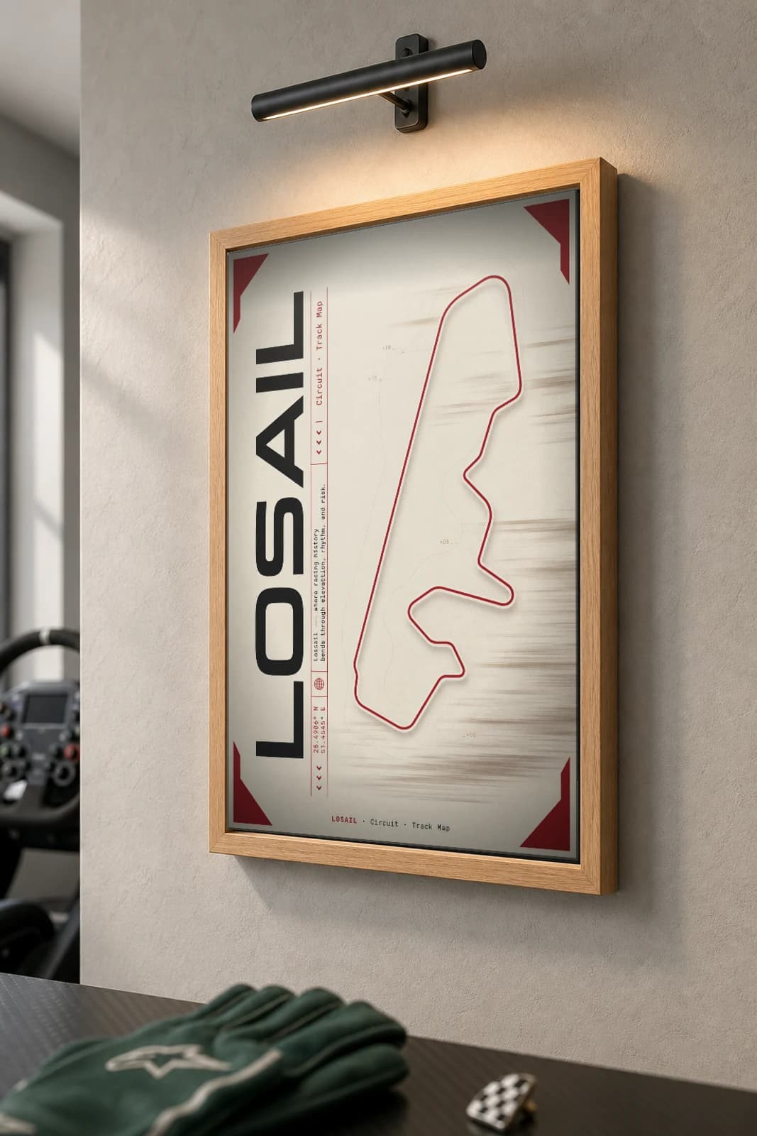 Losail International Circuit Poster — Qatar circuit map wall art · Formula 1 World Championship track layout · framed A2 — the framed print shown at a three-quarter angle on a styled gallery wall in a natural-oak frame