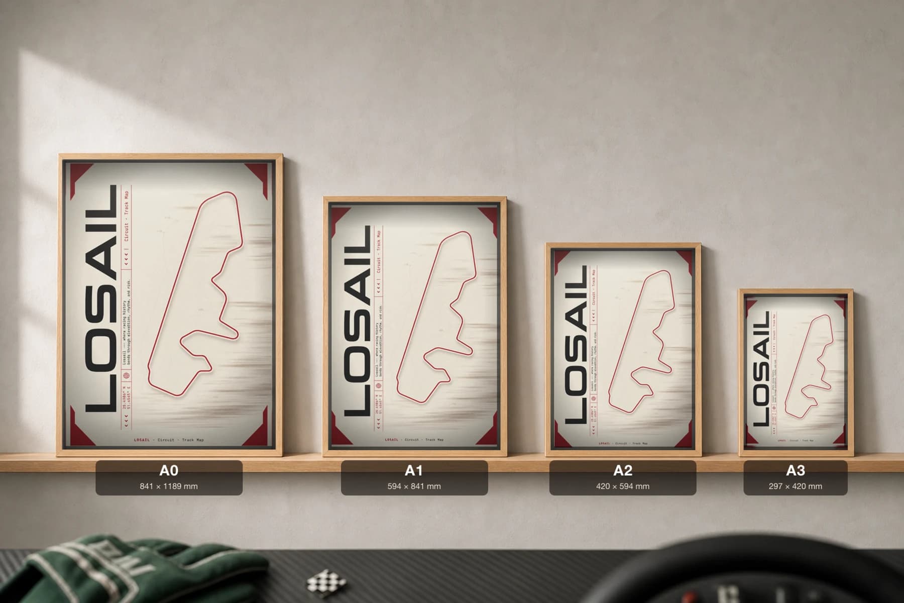 Losail International Circuit Poster — Qatar circuit map wall art · Formula 1 World Championship track layout · framed A2 — print size guide showing the artwork at A0, A1, A2 and A3 in natural-oak frames at true relative scale