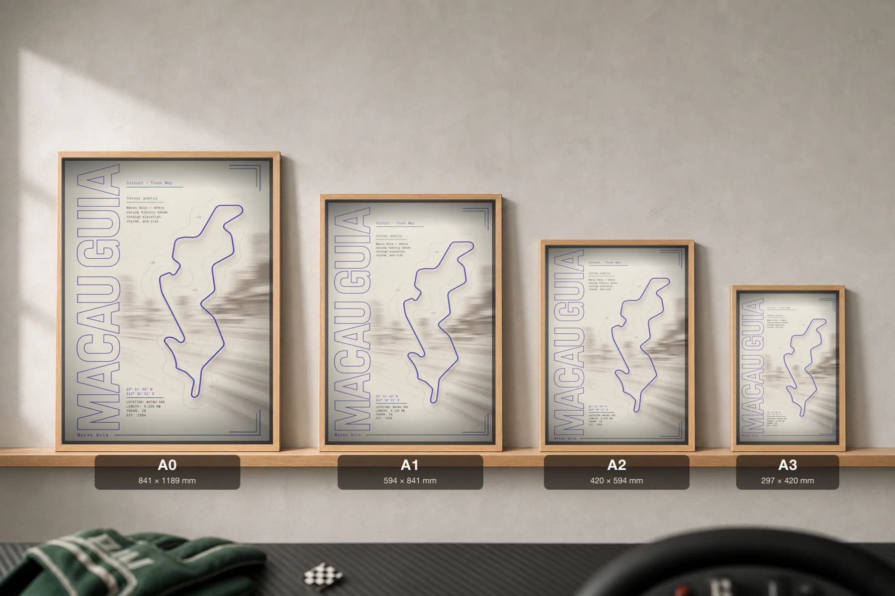 Macau Guia Circuit Poster — China circuit map wall art · Macau Grand Prix track layout · framed A2 — print size guide showing the artwork at A0, A1, A2 and A3 in natural-oak frames at true relative scale