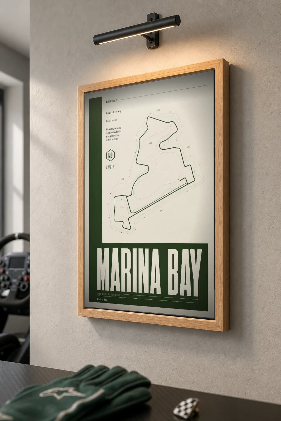 Marina Bay Street Circuit Poster — Singapore circuit map wall art · Formula 1 World Championship — Singapore Grand Prix track layout · framed A2 — the framed print shown at a three-quarter angle on a styled gallery wall in a natural-oak frame