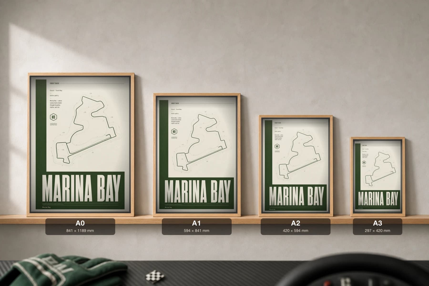 Marina Bay Street Circuit Poster — Singapore circuit map wall art · Formula 1 World Championship — Singapore Grand Prix track layout · framed A2 — print size guide showing the artwork at A0, A1, A2 and A3 in natural-oak frames at true relative scale