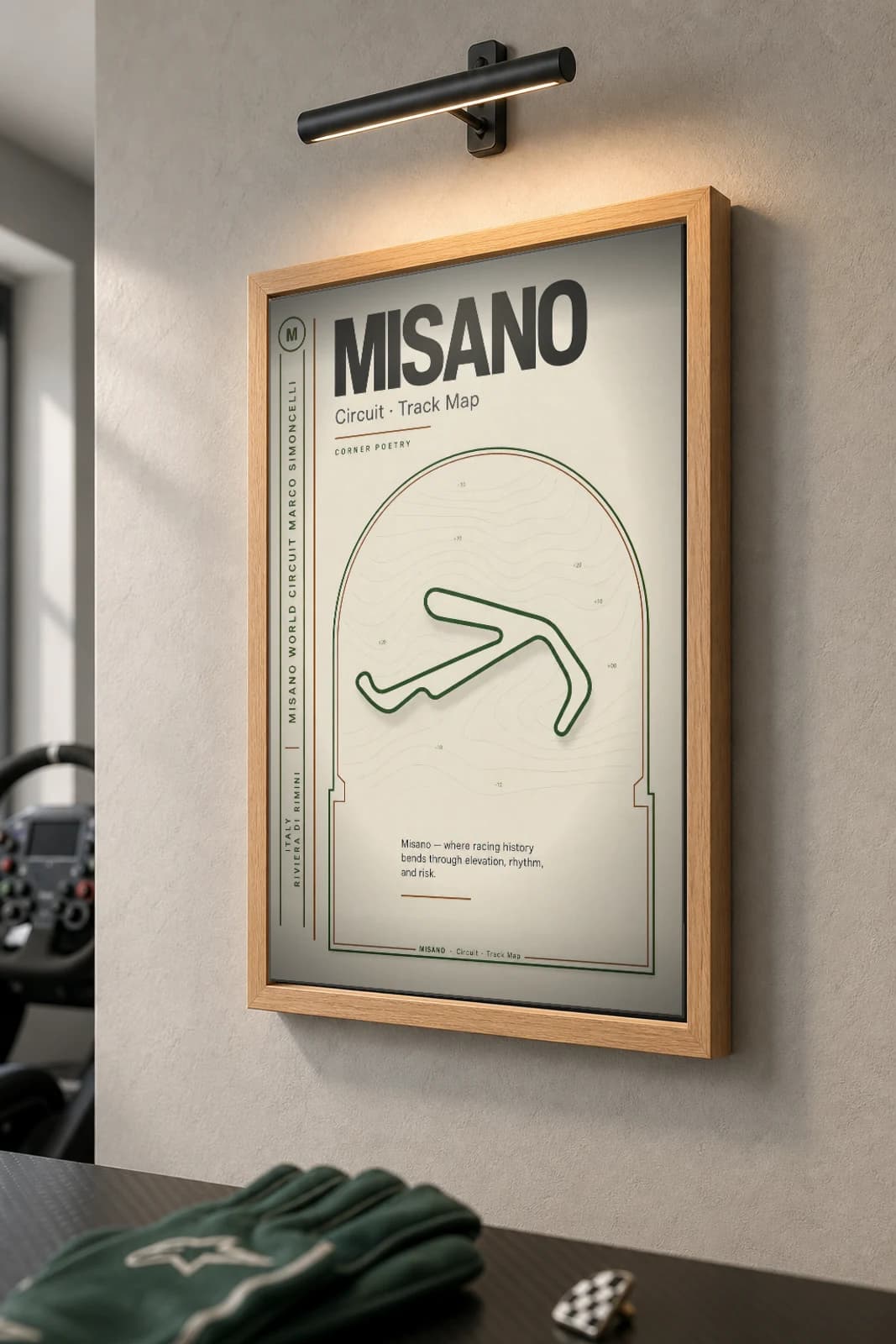 Misano World Circuit Marco Simoncelli Poster — Italy circuit map wall art · MotoGP World Championship track layout · framed A2 — the framed print shown at a three-quarter angle on a styled gallery wall in a natural-oak frame
