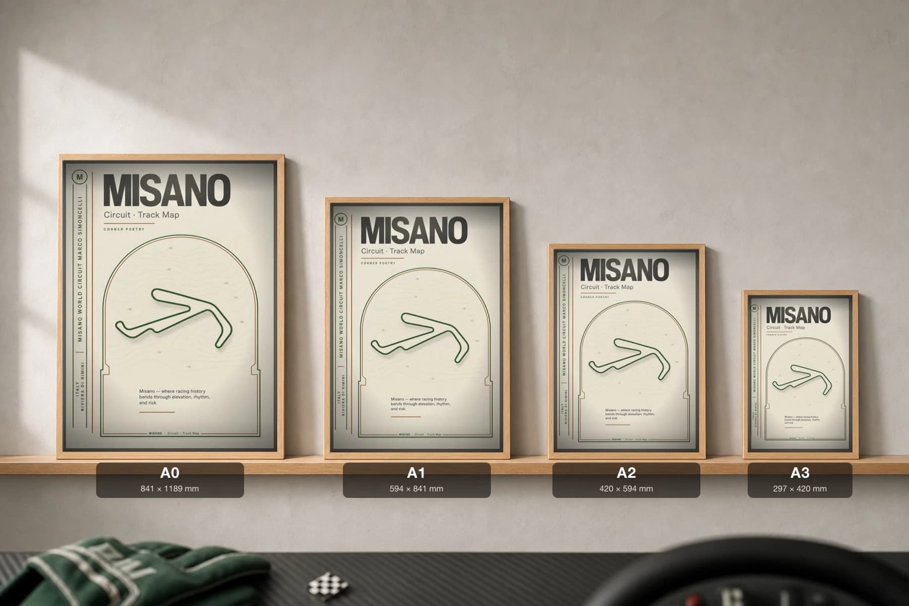 Misano World Circuit Marco Simoncelli Poster — Italy circuit map wall art · MotoGP World Championship track layout · framed A2 — print size guide showing the artwork at A0, A1, A2 and A3 in natural-oak frames at true relative scale