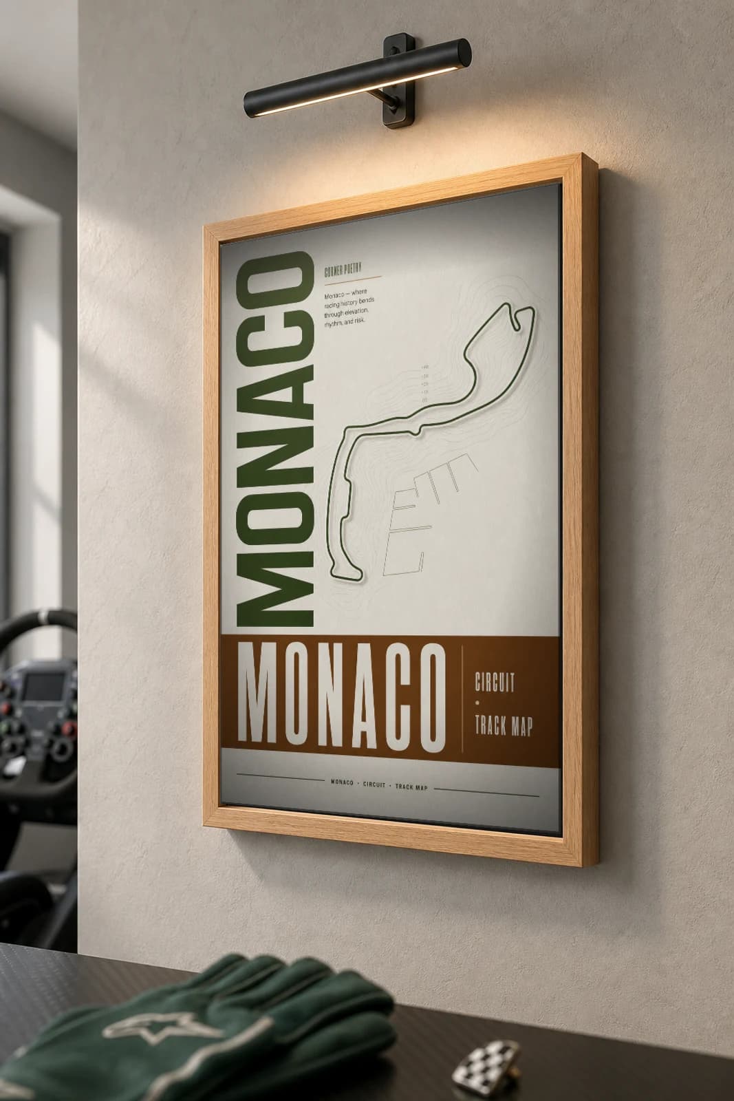 Circuit de Monaco Poster — Monaco circuit map wall art · Formula 1 World Championship track layout · framed A2 — the framed print shown at a three-quarter angle on a styled gallery wall in a natural-oak frame