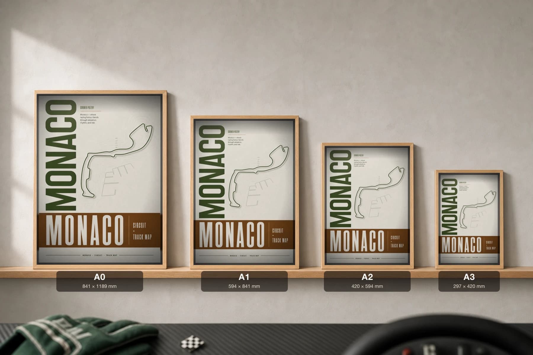Circuit de Monaco Poster — Monaco circuit map wall art · Formula 1 World Championship track layout · framed A2 — print size guide showing the artwork at A0, A1, A2 and A3 in natural-oak frames at true relative scale