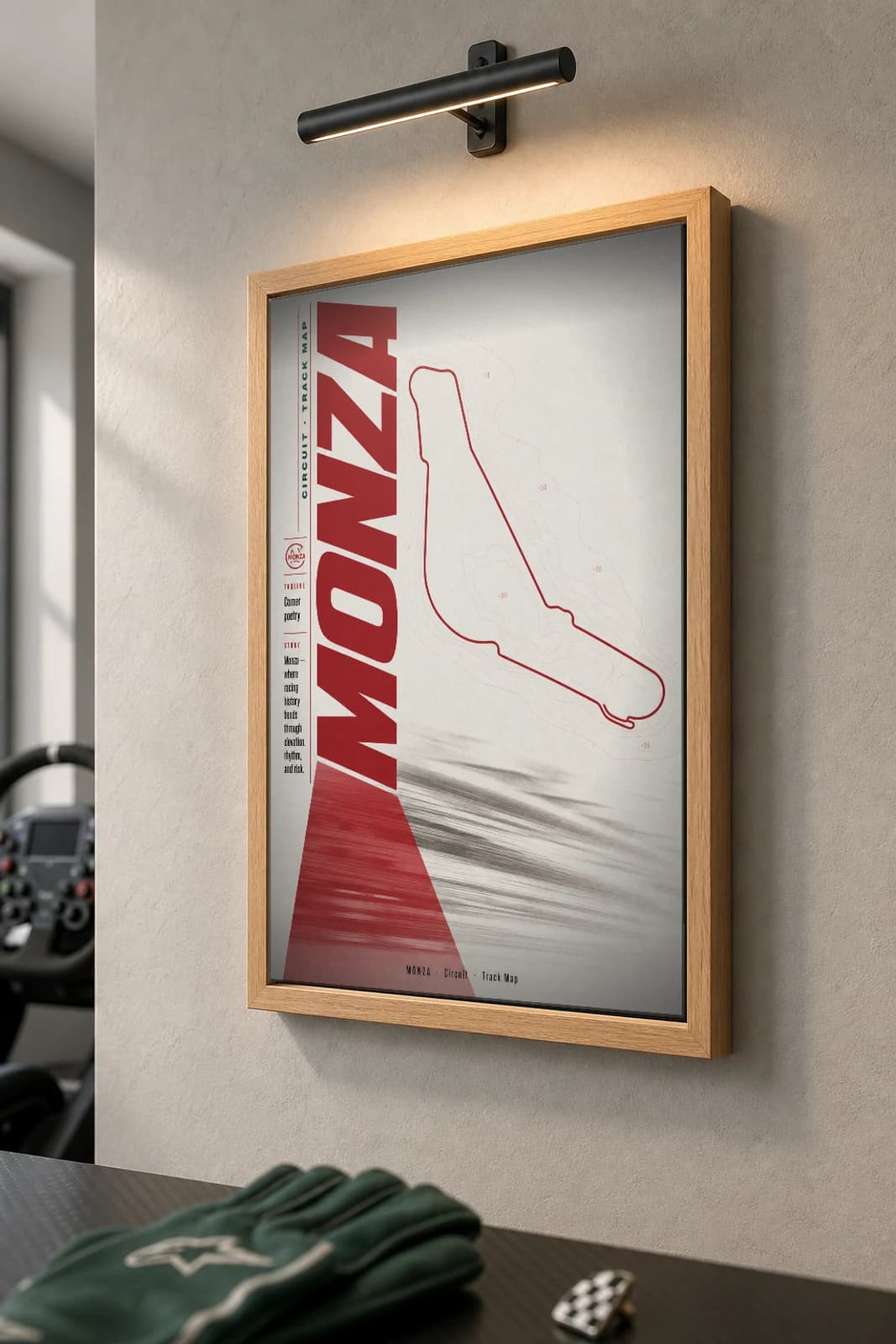 Autodromo Nazionale Monza Poster — Italy circuit map wall art · Formula 1 Italian Grand Prix track layout · framed A2 — the framed print shown at a three-quarter angle on a styled gallery wall in a natural-oak frame