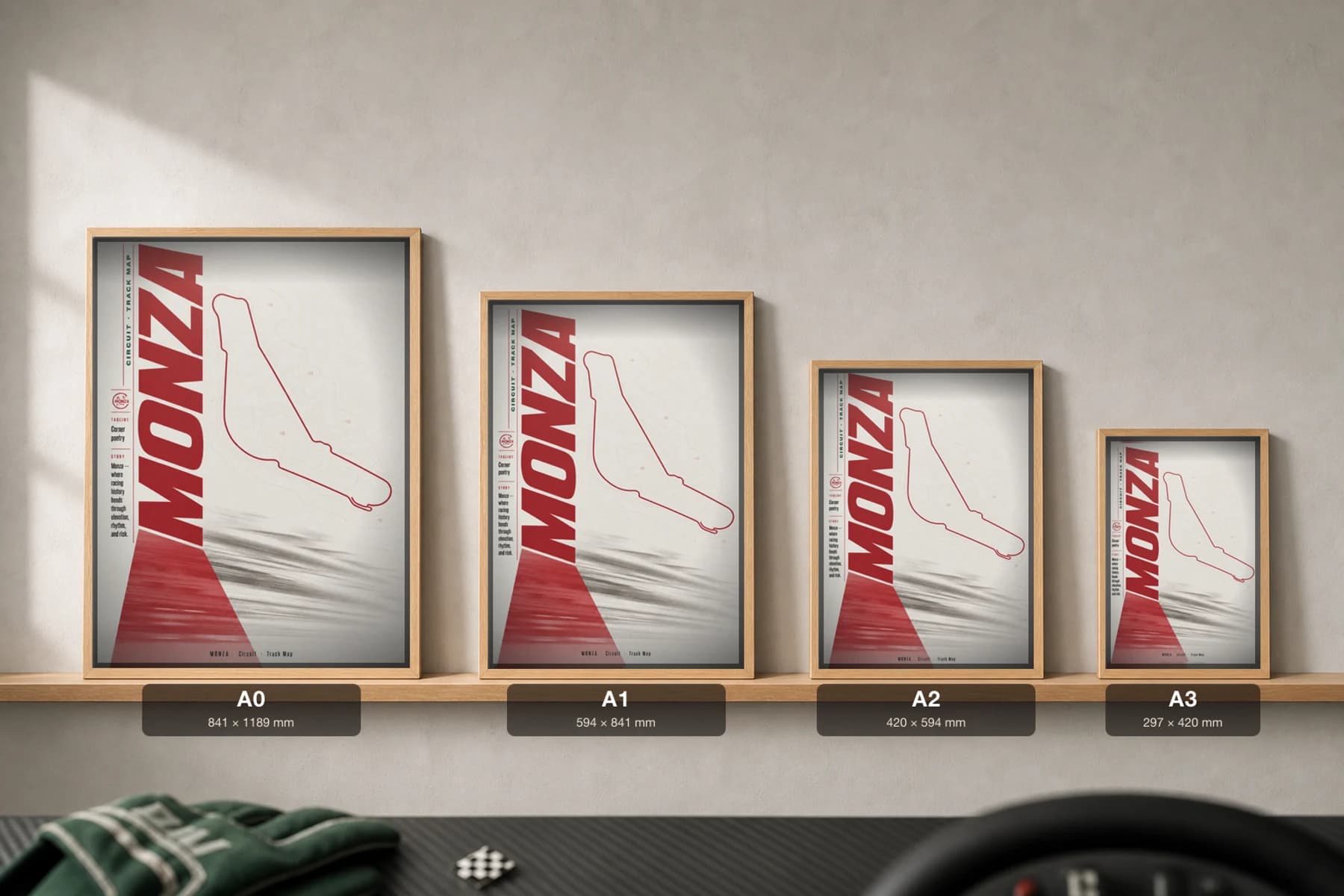 Autodromo Nazionale Monza Poster — Italy circuit map wall art · Formula 1 Italian Grand Prix track layout · framed A2 — print size guide showing the artwork at A0, A1, A2 and A3 in natural-oak frames at true relative scale
