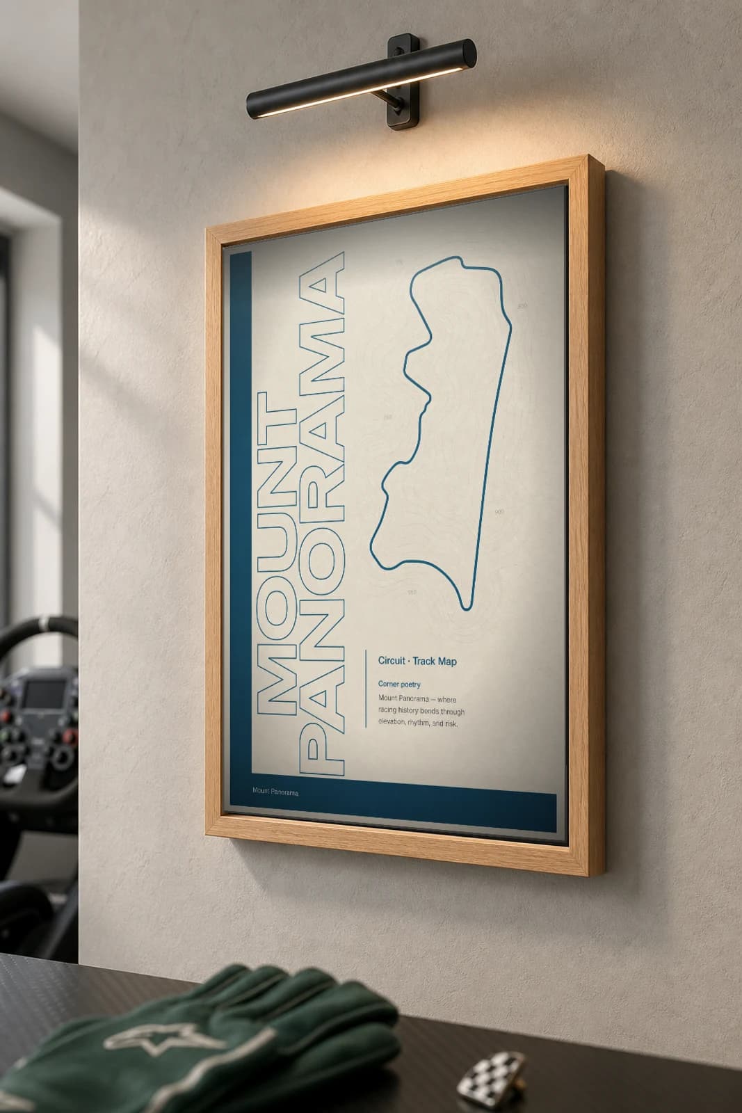 Mount Panorama Circuit Poster — Australia circuit map wall art · Supercars track layout · framed A2 — the framed print shown at a three-quarter angle on a styled gallery wall in a natural-oak frame