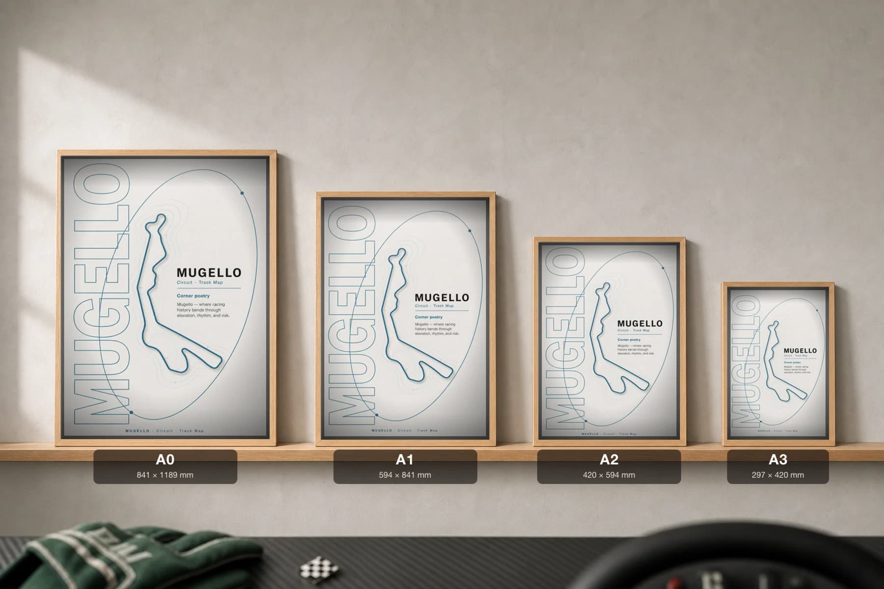 Autodromo Internazionale del Mugello Poster — Italy circuit map wall art · MotoGP Italian Grand Prix track layout · framed A2 — print size guide showing the artwork at A0, A1, A2 and A3 in natural-oak frames at true relative scale
