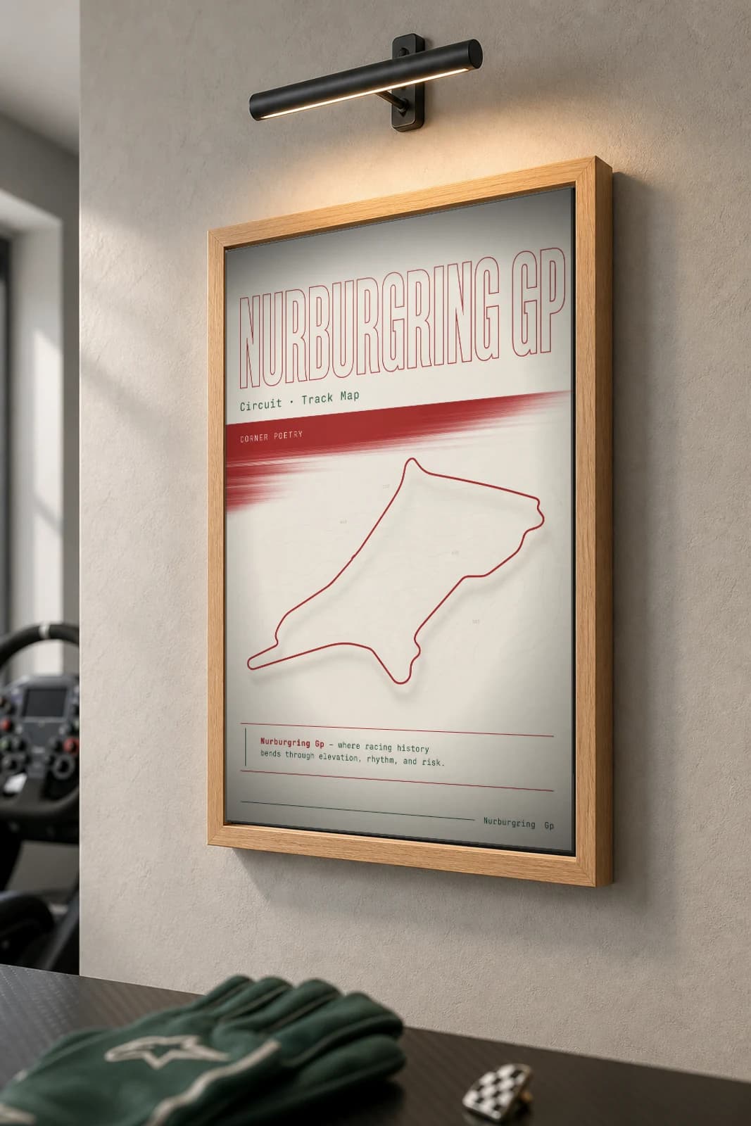 Nürburgring Grand Prix Circuit Poster — Germany circuit map wall art · Formula 1 track layout · framed A2 — the framed print shown at a three-quarter angle on a styled gallery wall in a natural-oak frame