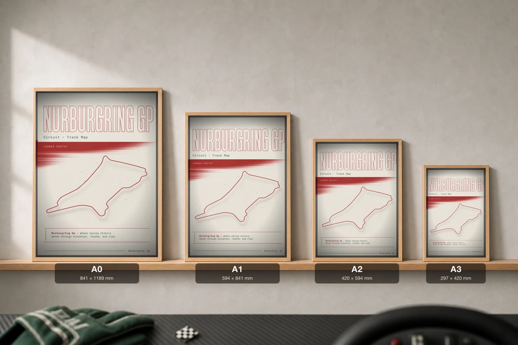 Nürburgring Grand Prix Circuit Poster — Germany circuit map wall art · Formula 1 track layout · framed A2 — print size guide showing the artwork at A0, A1, A2 and A3 in natural-oak frames at true relative scale