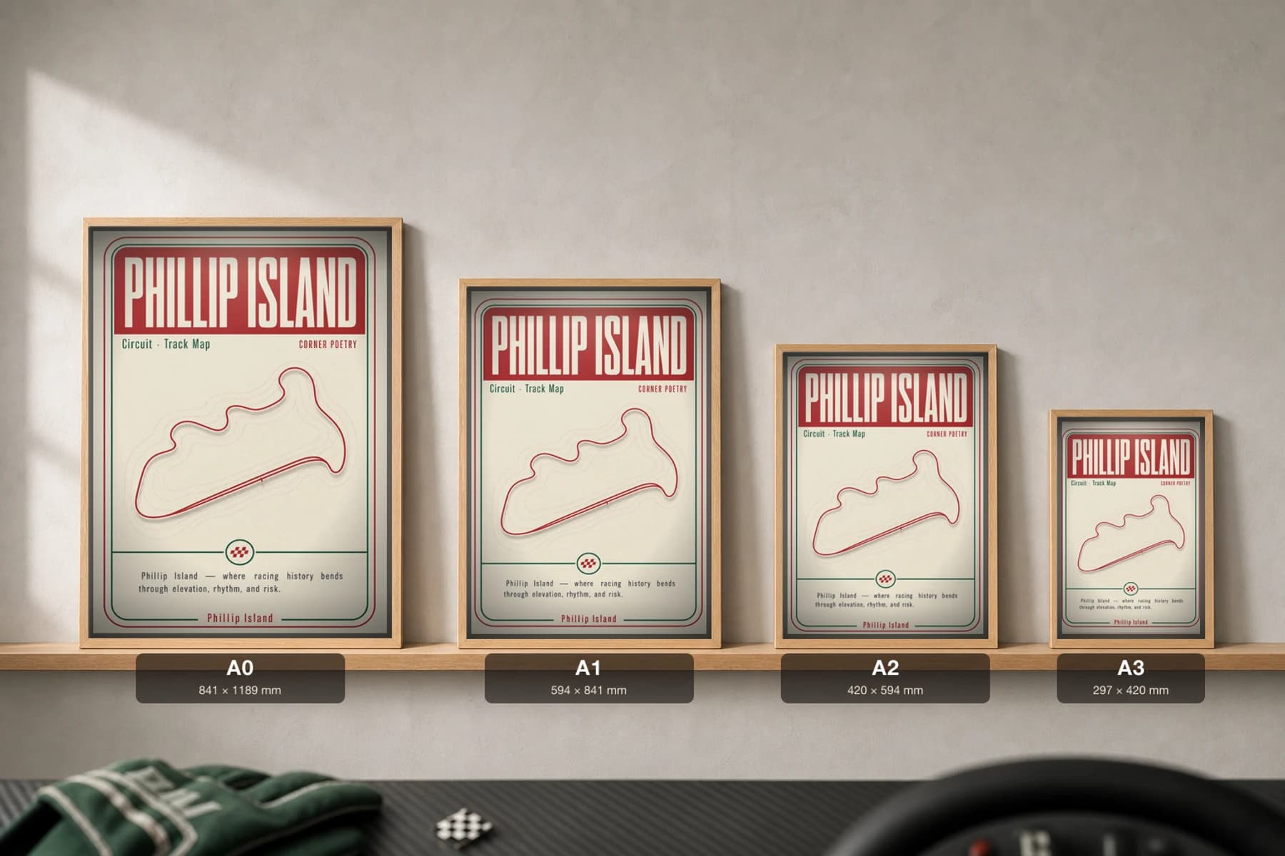 Phillip Island Grand Prix Circuit Poster — Australia circuit map wall art · MotoGP track layout · framed A2 — print size guide showing the artwork at A0, A1, A2 and A3 in natural-oak frames at true relative scale