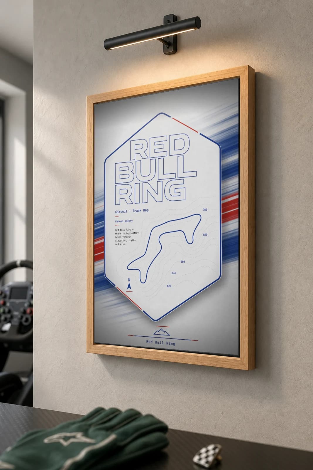 Red Bull Ring Poster — Austria circuit map wall art · Formula 1 track layout · framed A2 — the framed print shown at a three-quarter angle on a styled gallery wall in a natural-oak frame