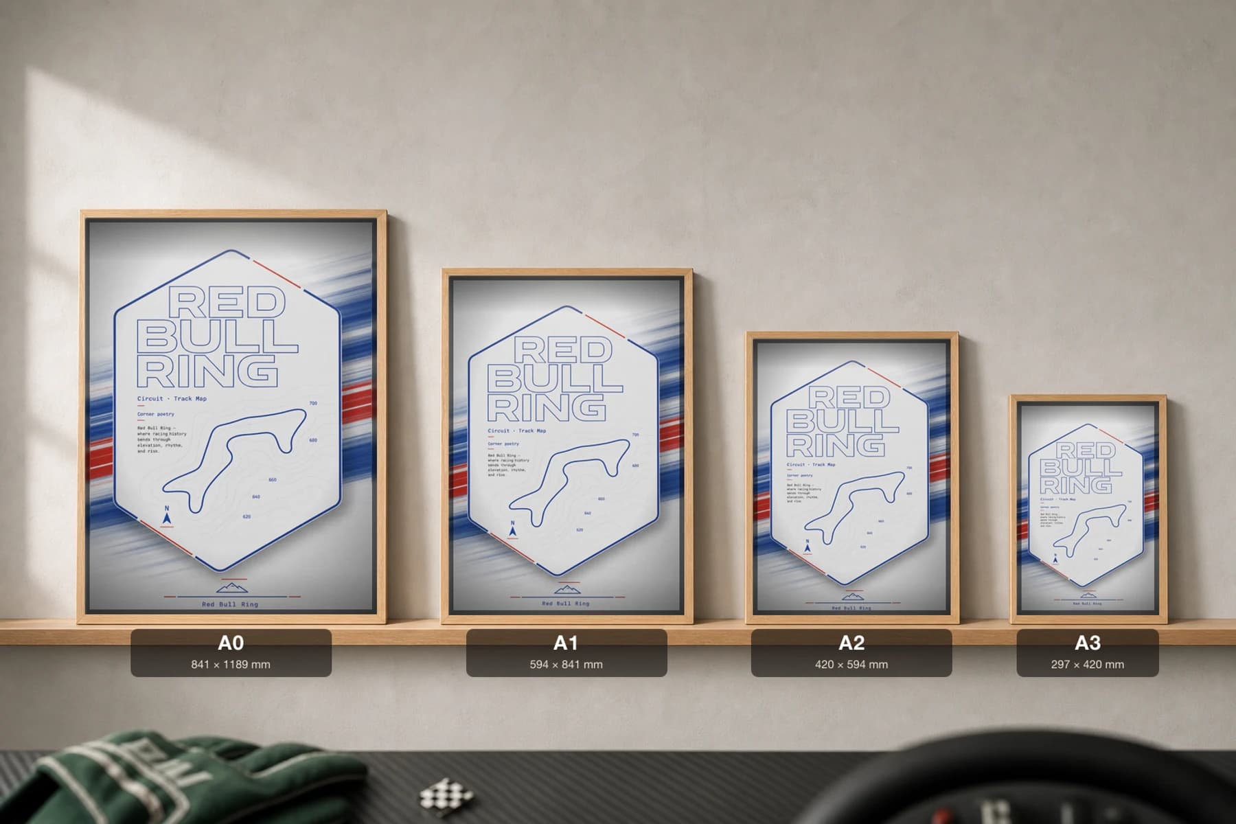Red Bull Ring Poster — Austria circuit map wall art · Formula 1 track layout · framed A2 — print size guide showing the artwork at A0, A1, A2 and A3 in natural-oak frames at true relative scale