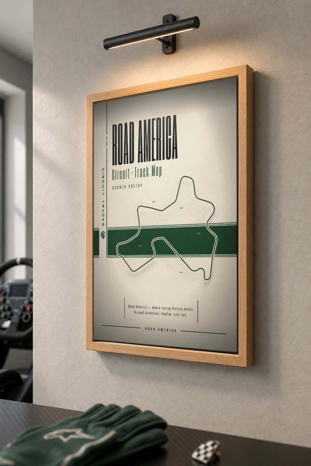 Road America Poster — United States circuit map wall art · IMSA WeatherTech SportsCar Championship track layout · framed A2 — the framed print shown at a three-quarter angle on a styled gallery wall in a natural-oak frame