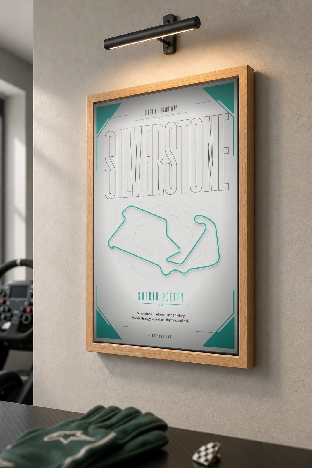Silverstone Circuit Poster — United Kingdom circuit map wall art · FIA Formula 1 World Championship track layout · framed A2 — the framed print shown at a three-quarter angle on a styled gallery wall in a natural-oak frame