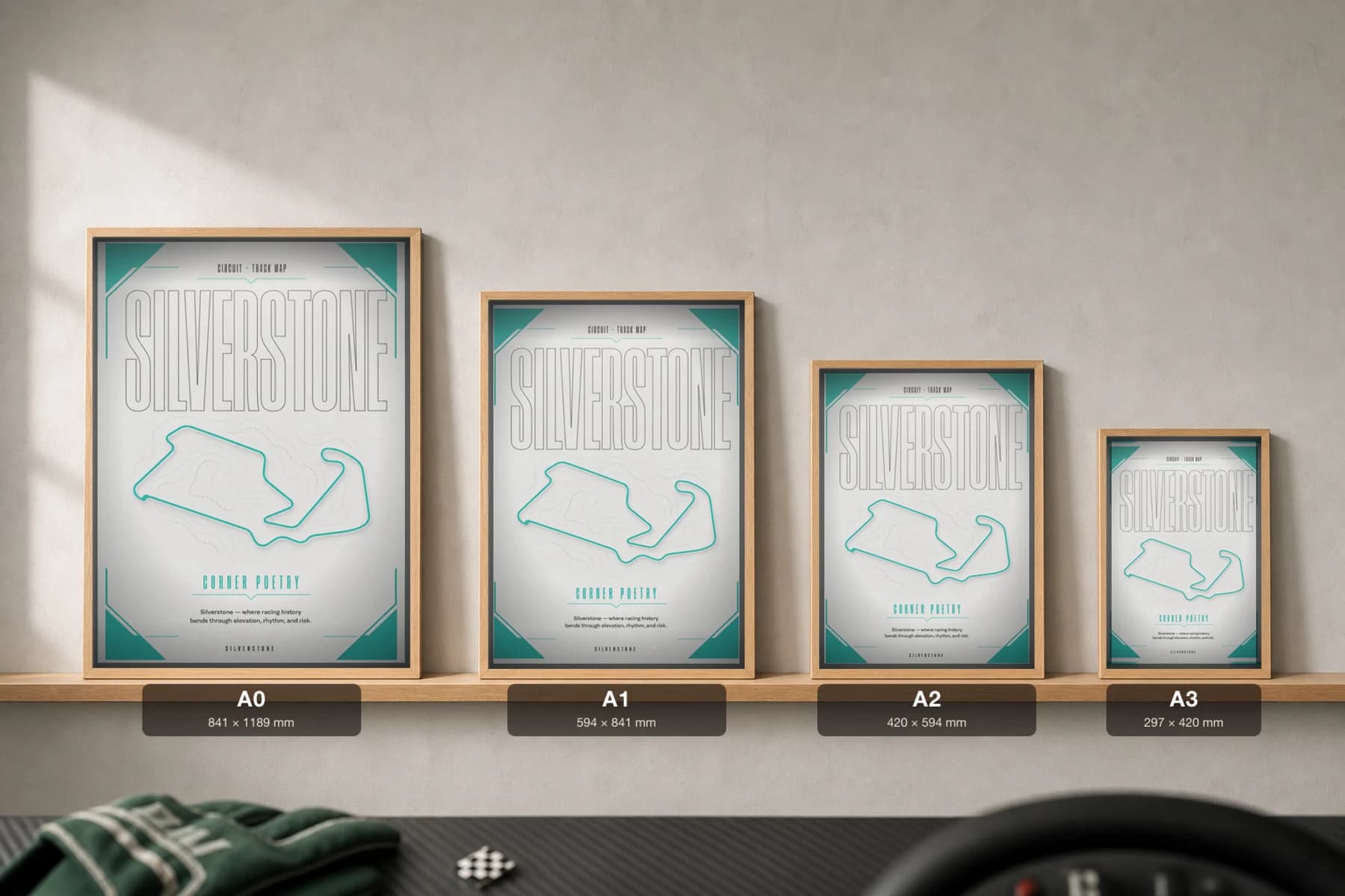 Silverstone Circuit Poster — United Kingdom circuit map wall art · FIA Formula 1 World Championship track layout · framed A2 — print size guide showing the artwork at A0, A1, A2 and A3 in natural-oak frames at true relative scale