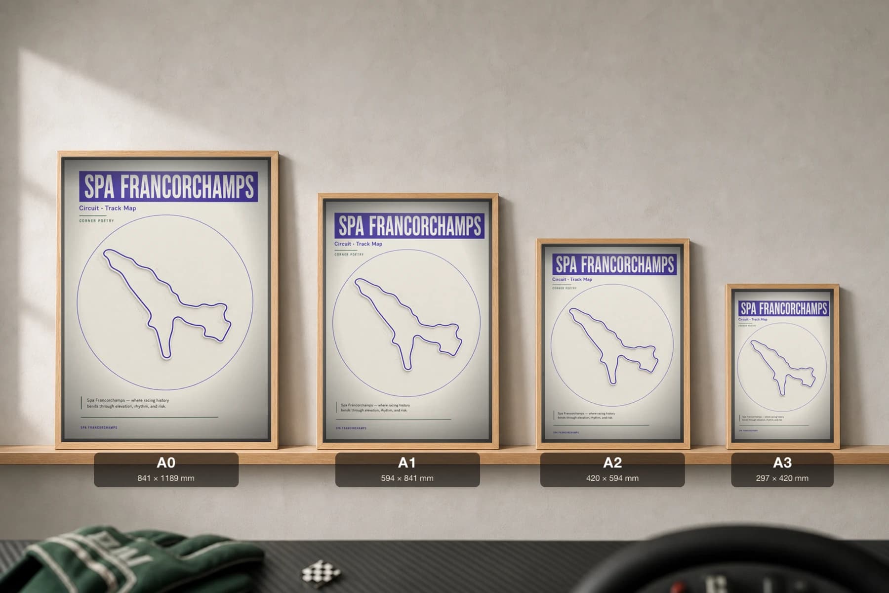 Circuit de Spa-Francorchamps Poster — Belgium circuit map wall art · Formula One track layout · framed A2 — print size guide showing the artwork at A0, A1, A2 and A3 in natural-oak frames at true relative scale