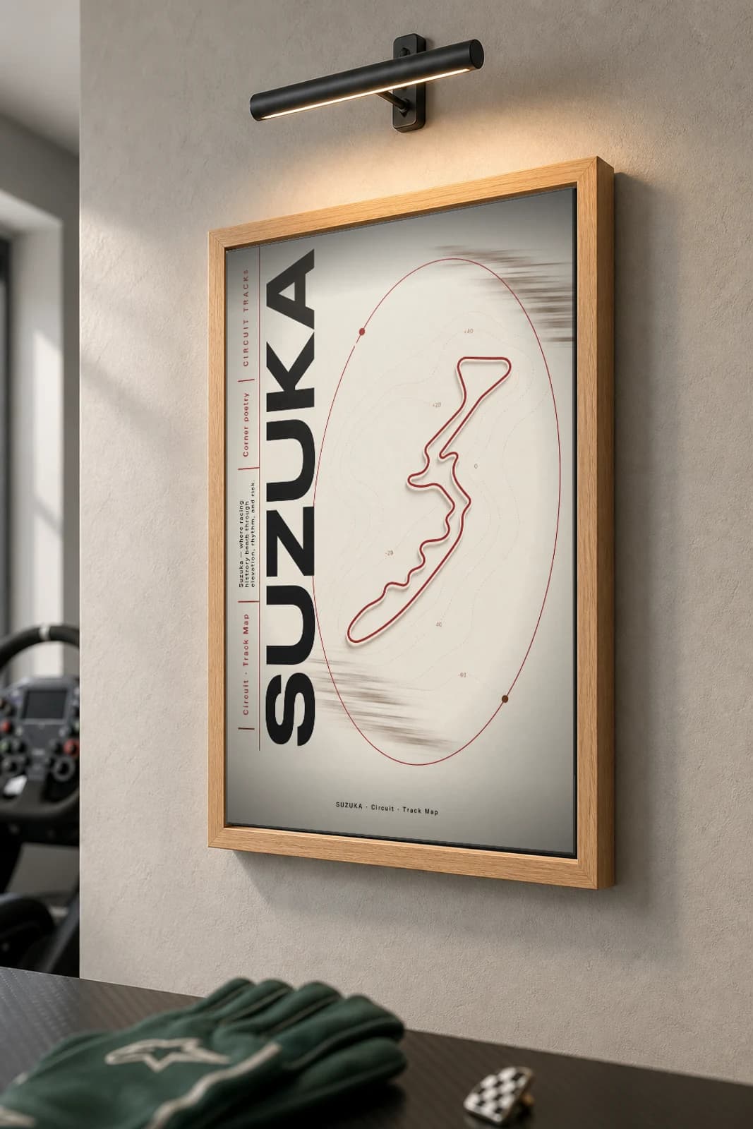 Suzuka International Racing Course Poster — Japan circuit map wall art · Formula 1 Japanese Grand Prix track layout · framed A2 — the framed print shown at a three-quarter angle on a styled gallery wall in a natural-oak frame