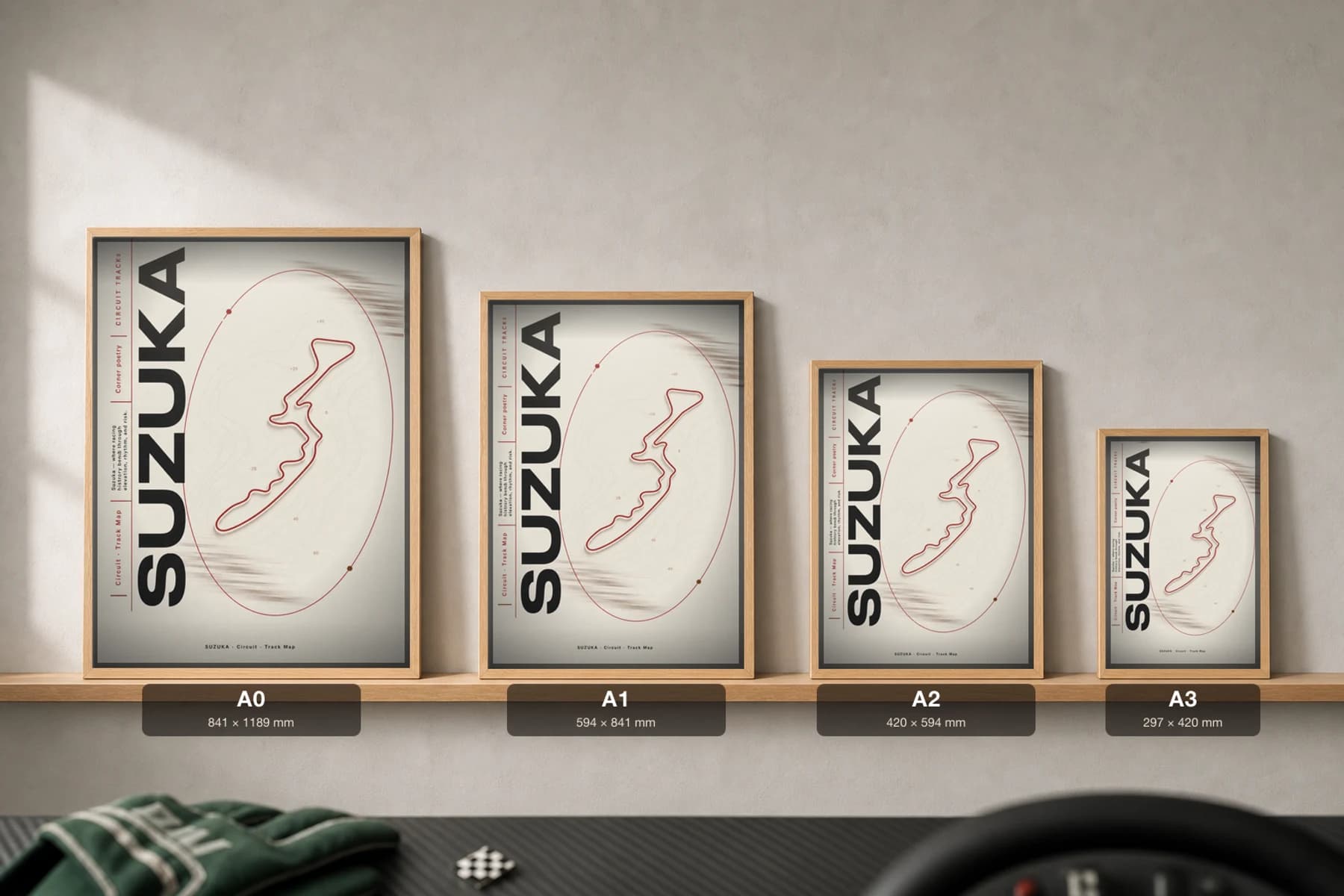 Suzuka International Racing Course Poster — Japan circuit map wall art · Formula 1 Japanese Grand Prix track layout · framed A2 — print size guide showing the artwork at A0, A1, A2 and A3 in natural-oak frames at true relative scale